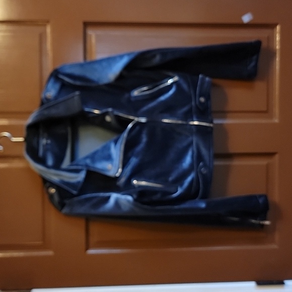 Fate-Blue velour moto jacket cropped with zippers Size Medium. - Picture 2 of 10